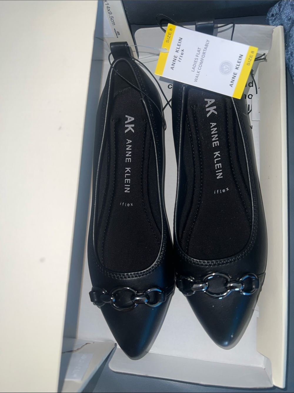 Anne Klein Black Pointed-Toe Flats with Chain Accent Flex Sz 8 NEW